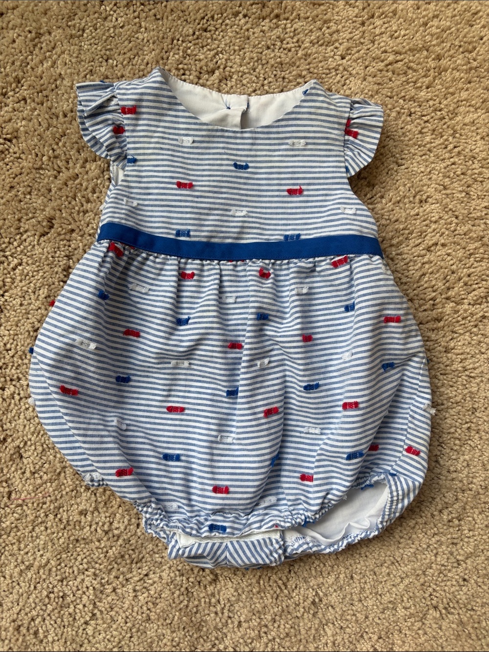 Blue & White Striped Baby Bubble Romper with Red & Blue Embroidery